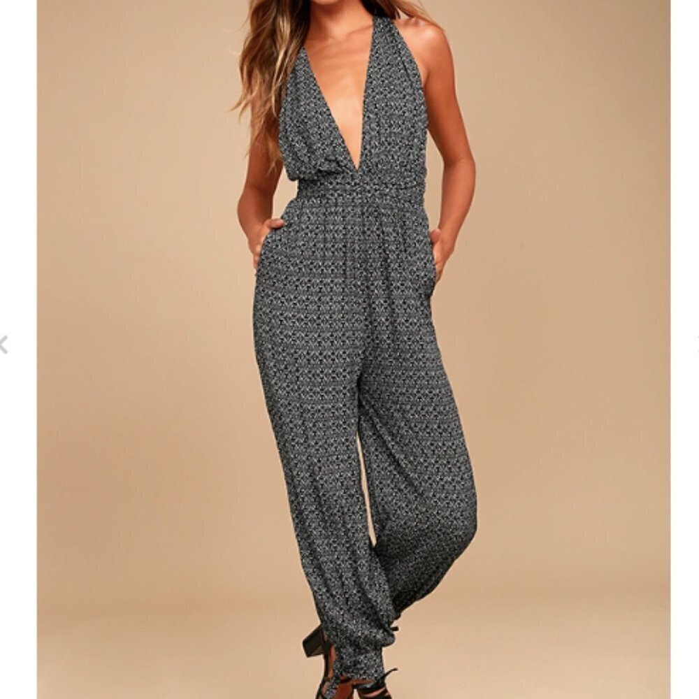 Lulus Take a Trip Black Print Halter Jumpsuit Boho